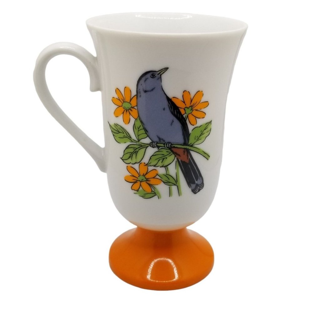 Vintage Tundra Japan Tall Coffee Mug with Birds  Pedestal Cup Orange Flowers